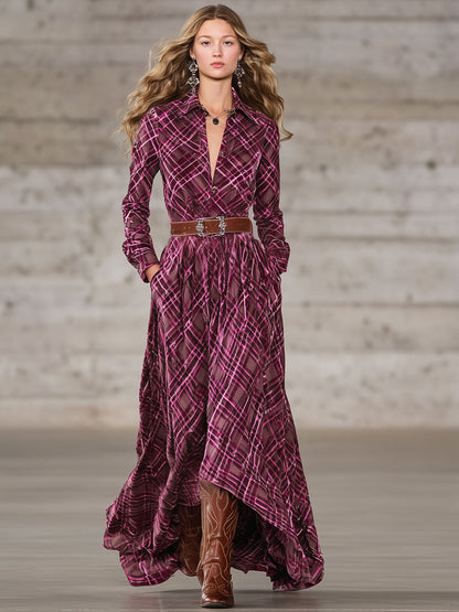 Robe Maxi Longue en Velours Rose à Motif Carreaux Western - Élégance Rétro