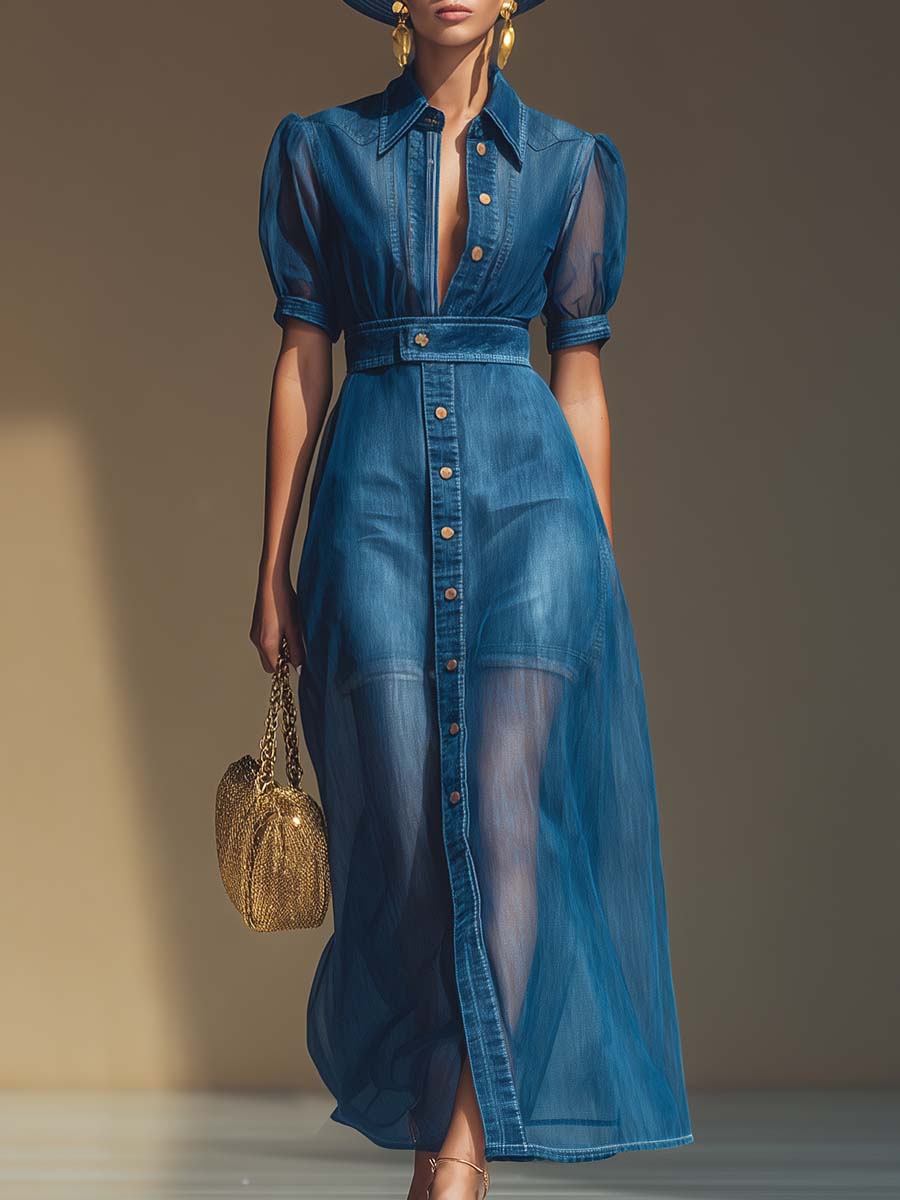 Robe Maxi en Denim Bleu à Manches Courtes avec Décolleté en V et Détails en Organza