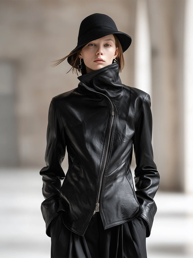 Veste en PU Noir avec Col Haut et Zip Latéral Chic