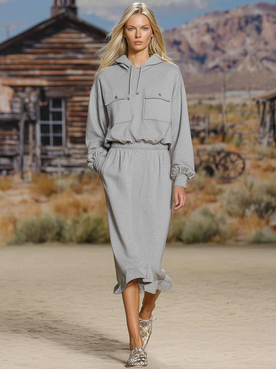 Robe Midi Confortable à Capuche en Gris Clair