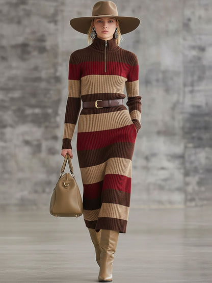 Robe Midi Tricotée à Rayures Rouge et Brun avec Demi-Zip Chic