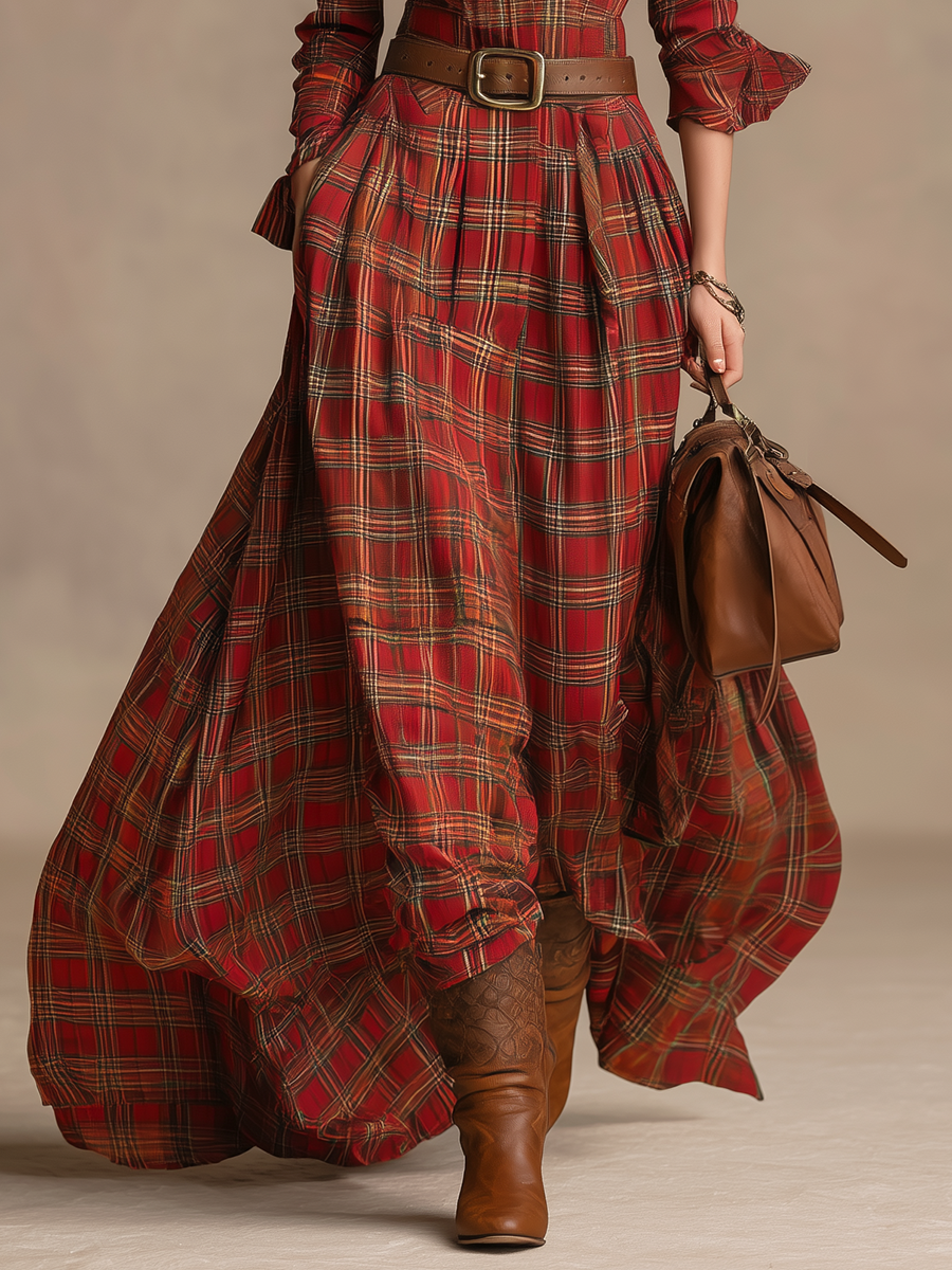 Robe Maxi Vintage à Motif Carreaux avec Col Revers et Manches Longues