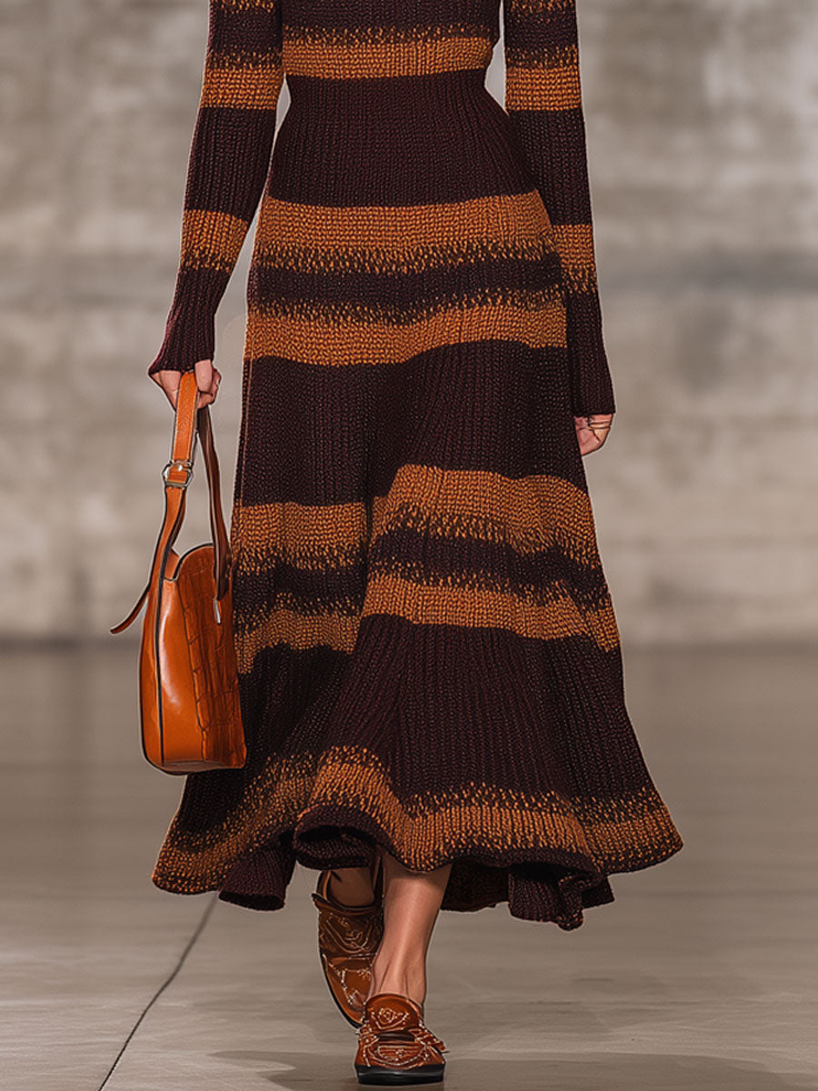 Robe Maxi Tricot Rayée Caramel et Chocolat avec Col Montant - Chic Rétro