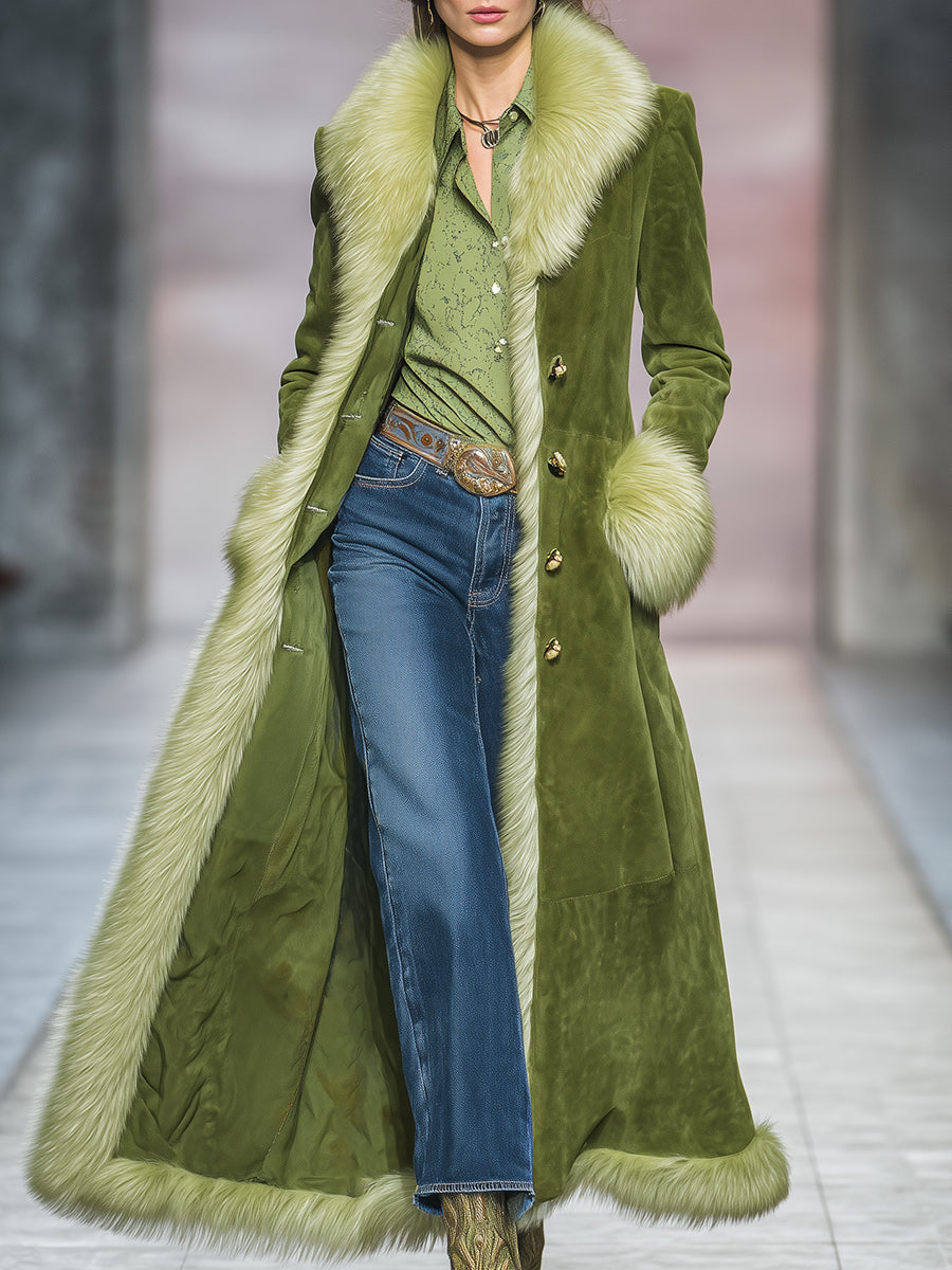 Veste Longue en Suédine Verte avec Éléments de Fourrure Vintage