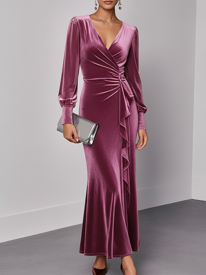 Robe Maxi Élégante en Velours avec Col en V et Manches Longues à Volants