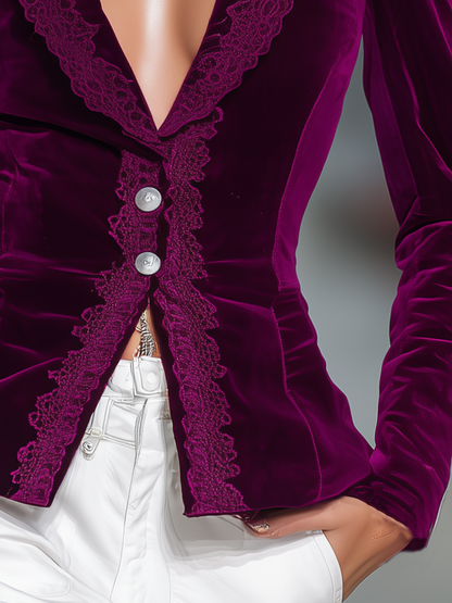 Veste Vintage en Velours Élégante avec Détails Lacés et Boutonnage Simple