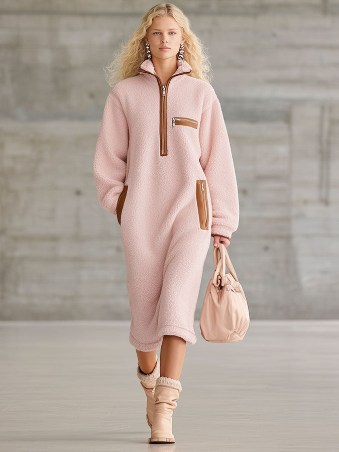 Robe Midi Polaire Rose avec Mi-Zip en PU Marron au Style Rétro Western
