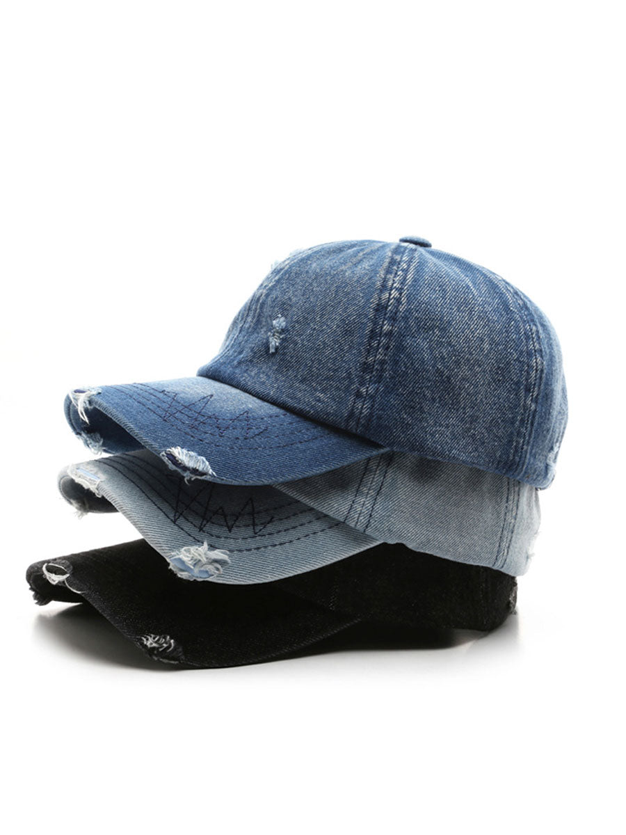 Casquette de Baseball Vintage en Denim Effet Usé et Déchiré