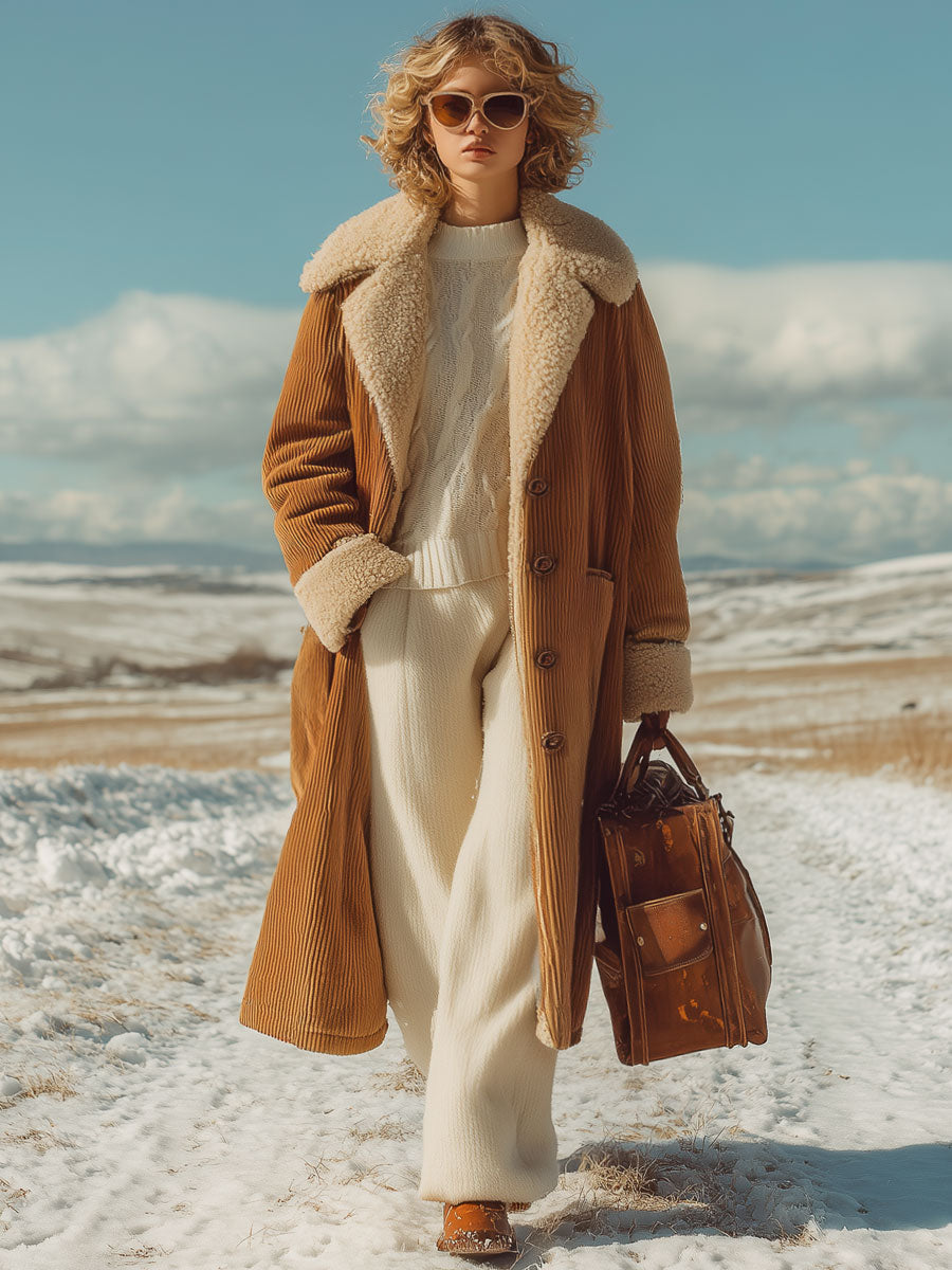Veste Rétro en Velours Côtelé Camel avec Doublure Polaire