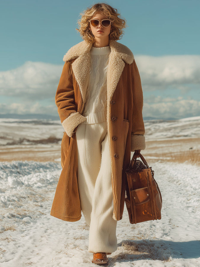 Veste en velours côtelé camel rétro avec doublure en polaire