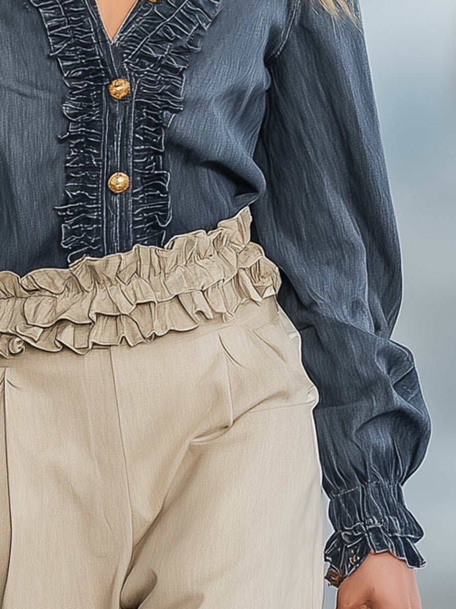 Chemise Vintage à Manches Longues en Denim Bleu Foncé avec Volants