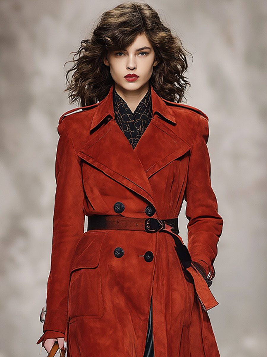 Trench en faux suède à double boutonnage avec poches doubles et silhouette oversized