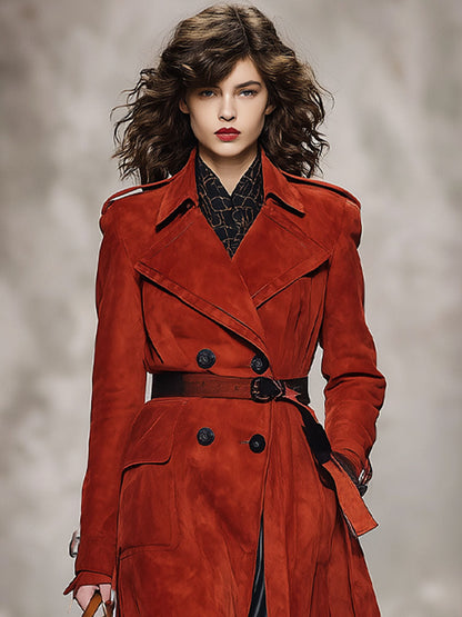 Trench en faux suède à double boutonnage avec poches doubles et silhouette oversized