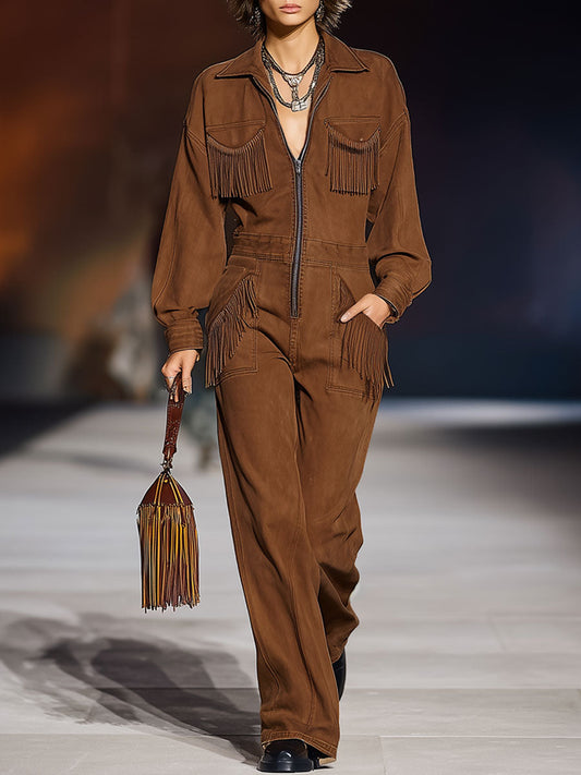 Salopette Longue en Denim Caramel Rétro avec Poches à Franges