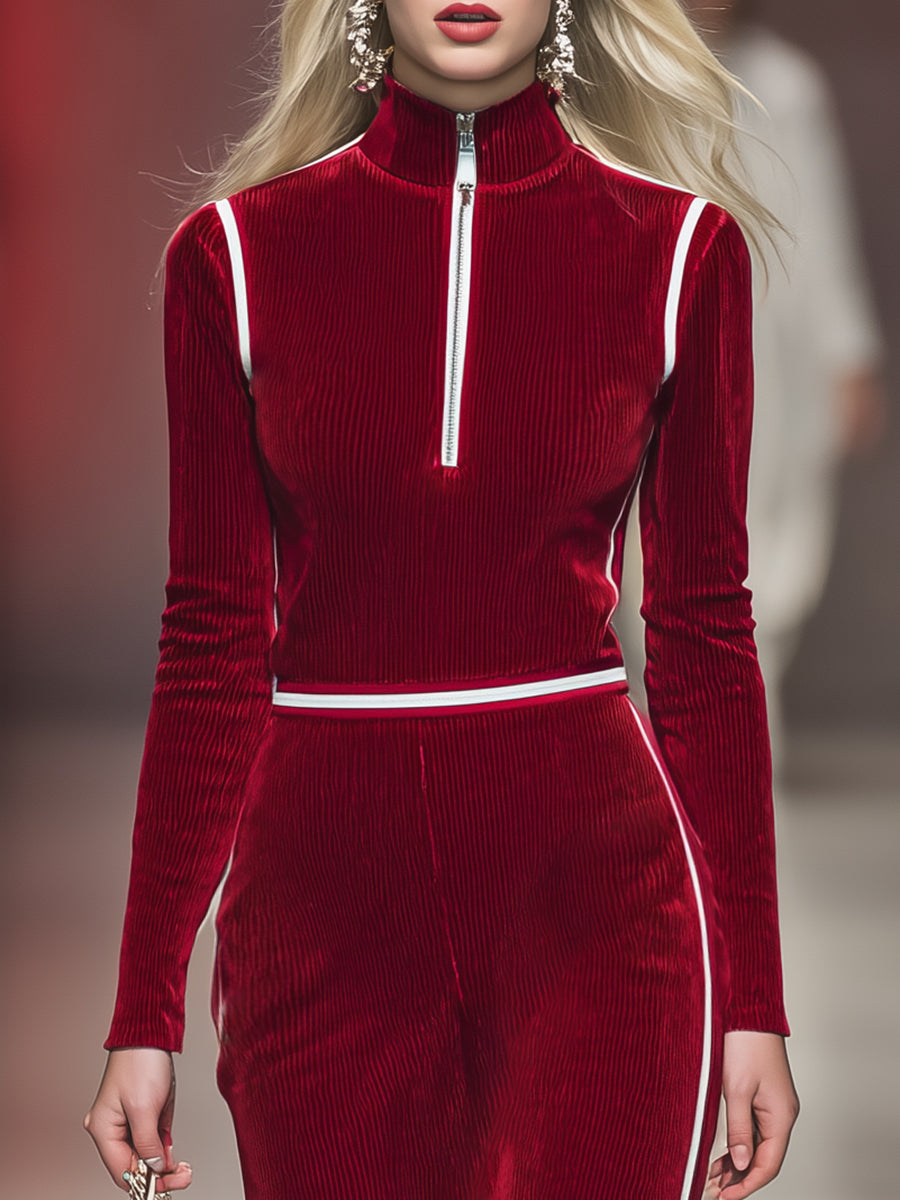 Robe Midi Rétro en Velours Côtelé Rouge avec Col Montant et Demi-Zip