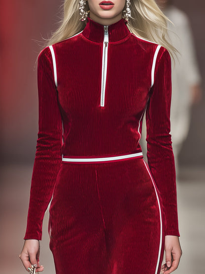Robe Midi Rétro en Velours Côtelé Rouge avec Col Montant et Demi-Zip