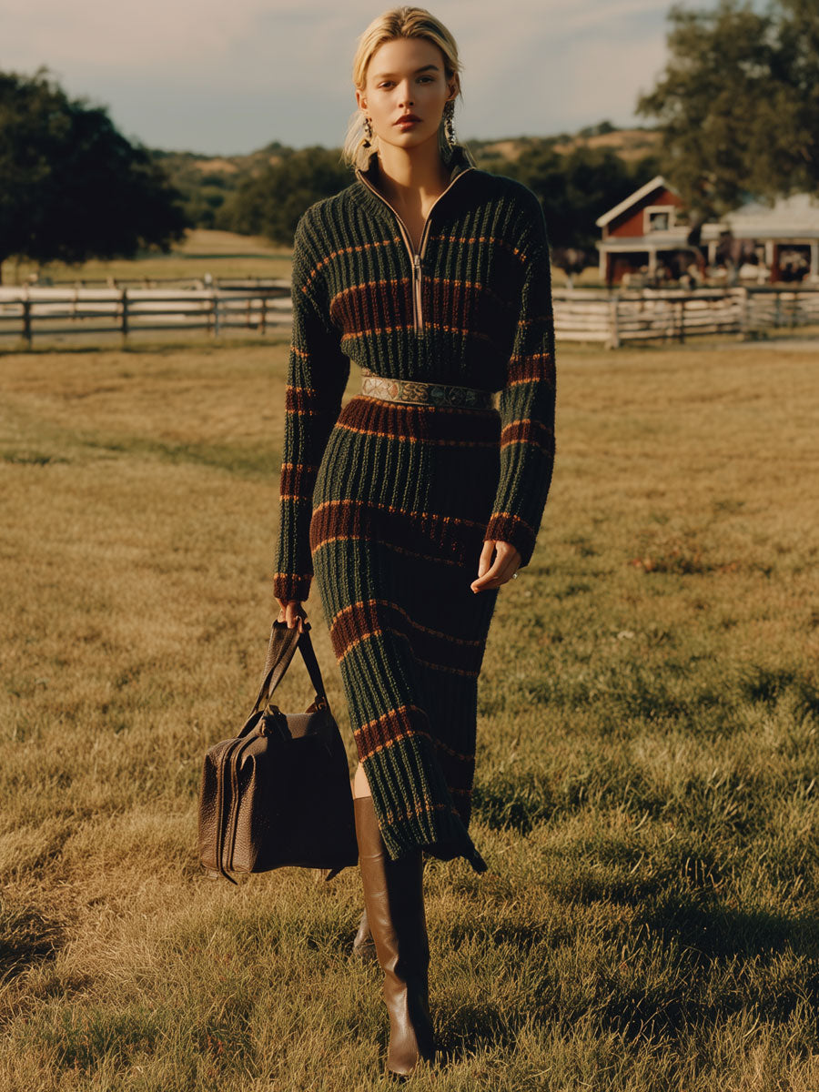 Robe Midi Retro à Rayures Vert Foncé avec Fente et Demi-Zip