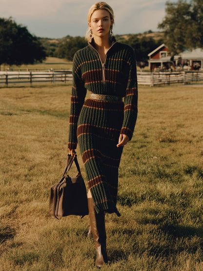 Robe Midi Retro à Rayures Vert Foncé avec Fente et Demi-Zip