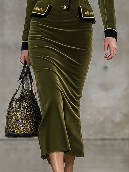 Robe Midi Rétro en Velours Vert avec Col Revers
