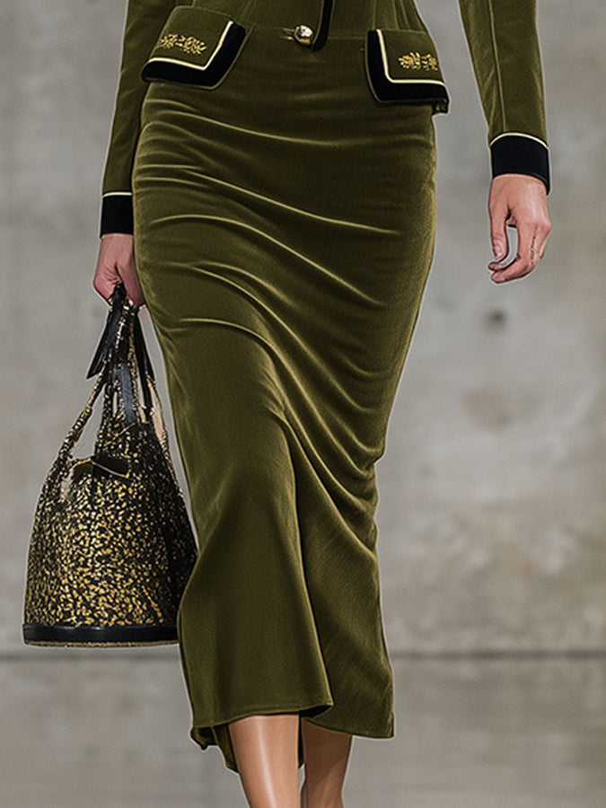 Robe Midi Rétro en Velours Vert avec Col Élégant