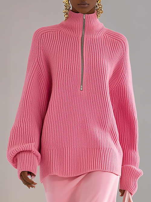 Chic Pull Uni à Col Montant Zippé et Manches Longues