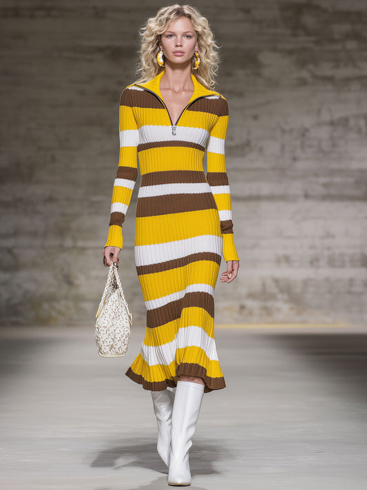 Robe Midi Tricotée à Rayures Vintage avec Demi-Fermeture Éclair