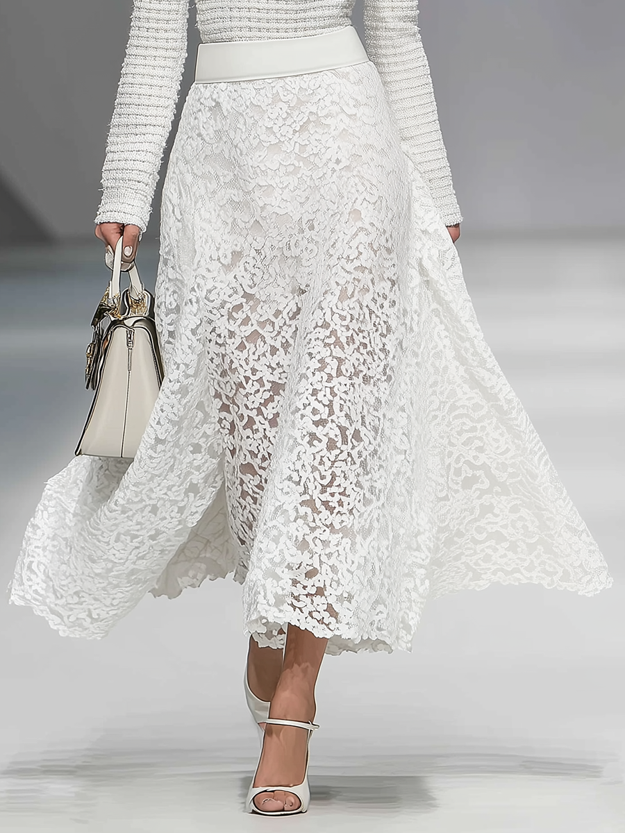 Ensemble Chic : Haut à Col Montant et Jupe A-Line en Dentelle à Manches Longues