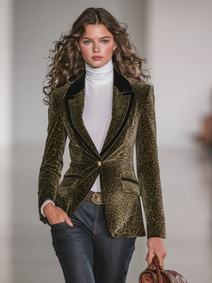 Veste en Velours Léopard Rétro avec Détails Contrastants