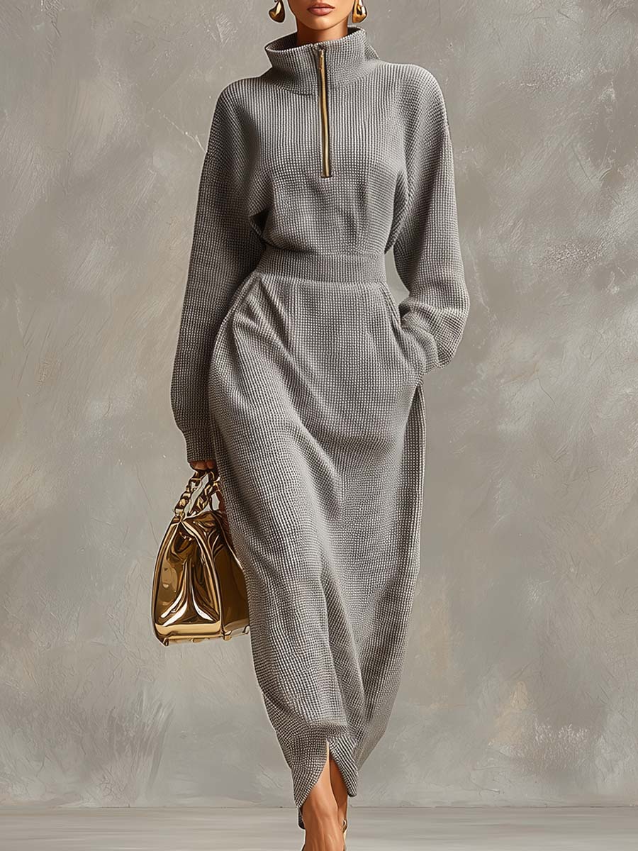 Robe Maxi Waffle Grise Clair à Zip Avant, Col Relevé et Manches Longues