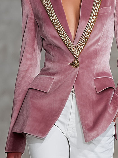 Veste en velours rose décontractée à bouton unique