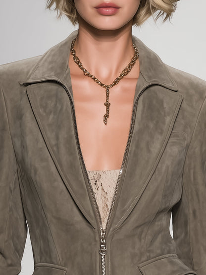 Veste grise zippée à col en revers et volants vintage chic