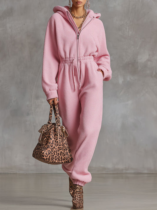 Rétro Rose : Combinaison à Capuche en Fausse Fourrure