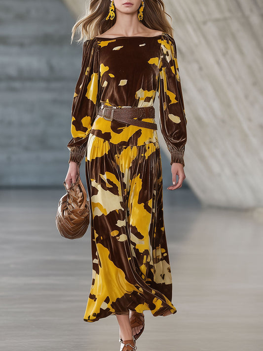 Robe Midi Rétro en Velours Marron à Manches Longues avec Motif Vache