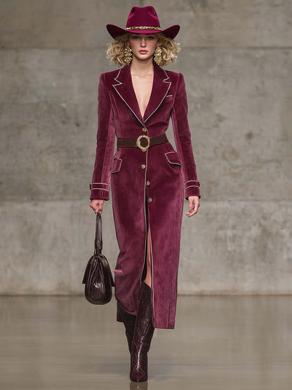 Veste Vintage Western en Velours Rouge Framboise avec Revers Notch, Bord Blanc et Boutonnage Élégant