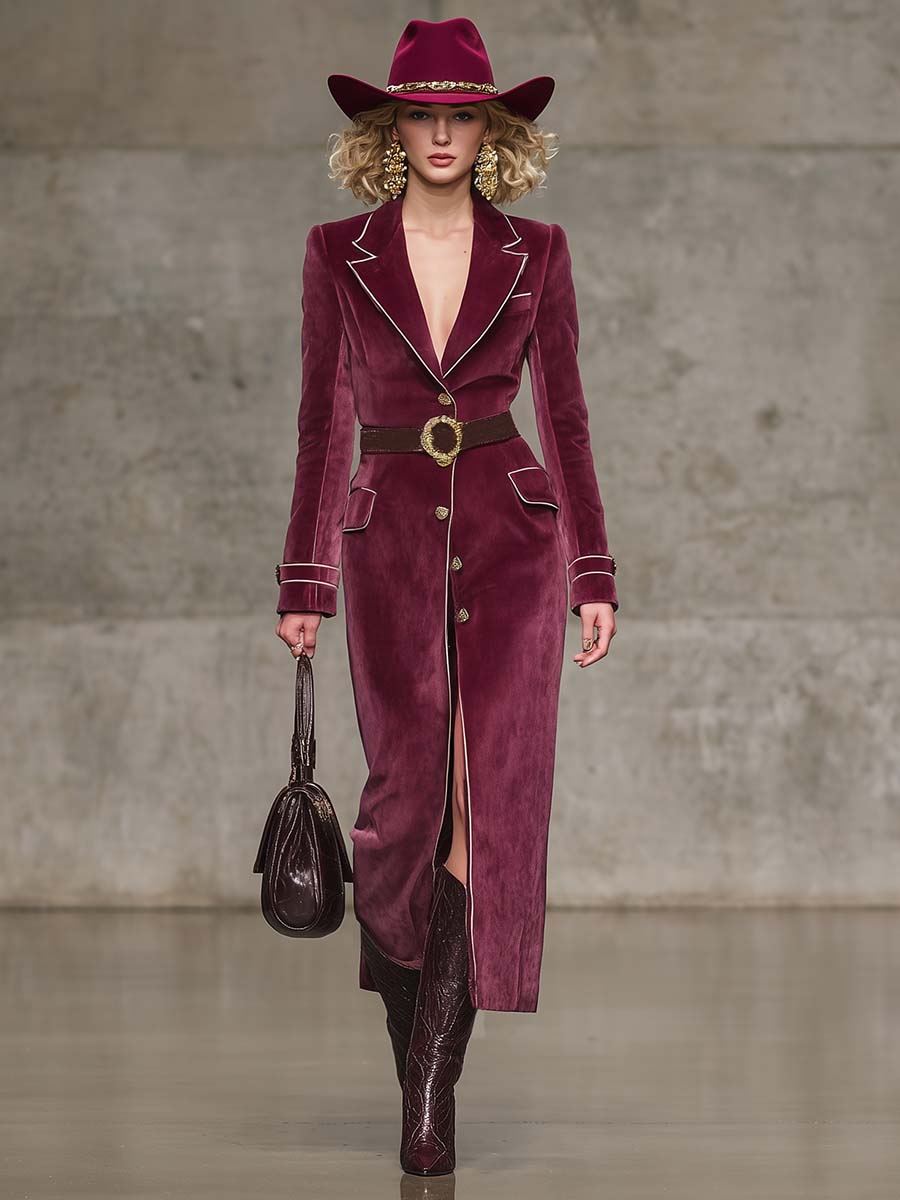 Veste Vintage Western en Velours Rouge Framboise avec Col Notch et Détails en Bordure Blanche