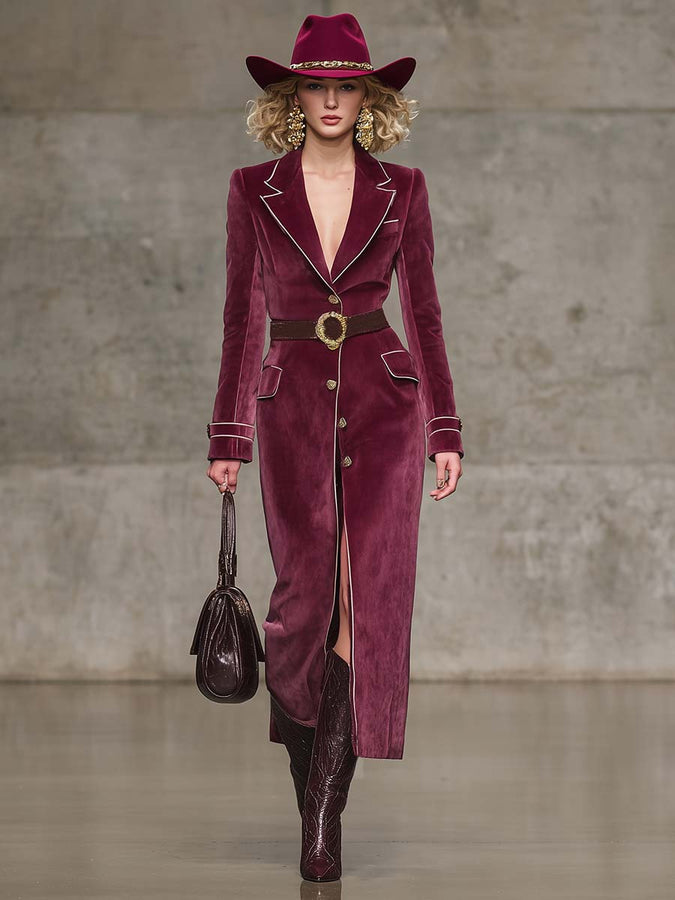 Veste Vintage Western en Velours Rouge Framboise avec Revers Notch, Bord Blanc et Boutonnage Élégant