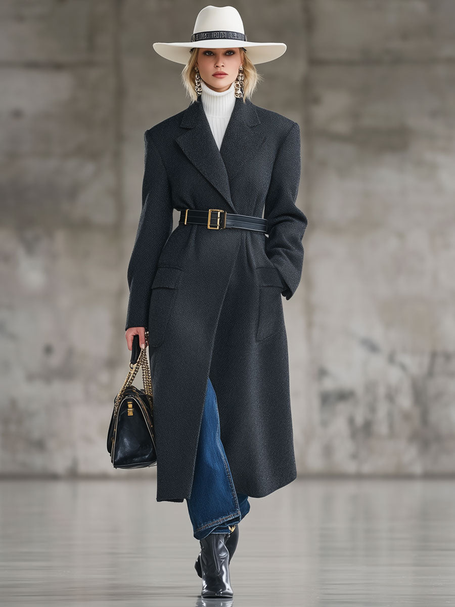 Longue Manteau en Laine Gris Foncé avec Détails Rétro à Lacets