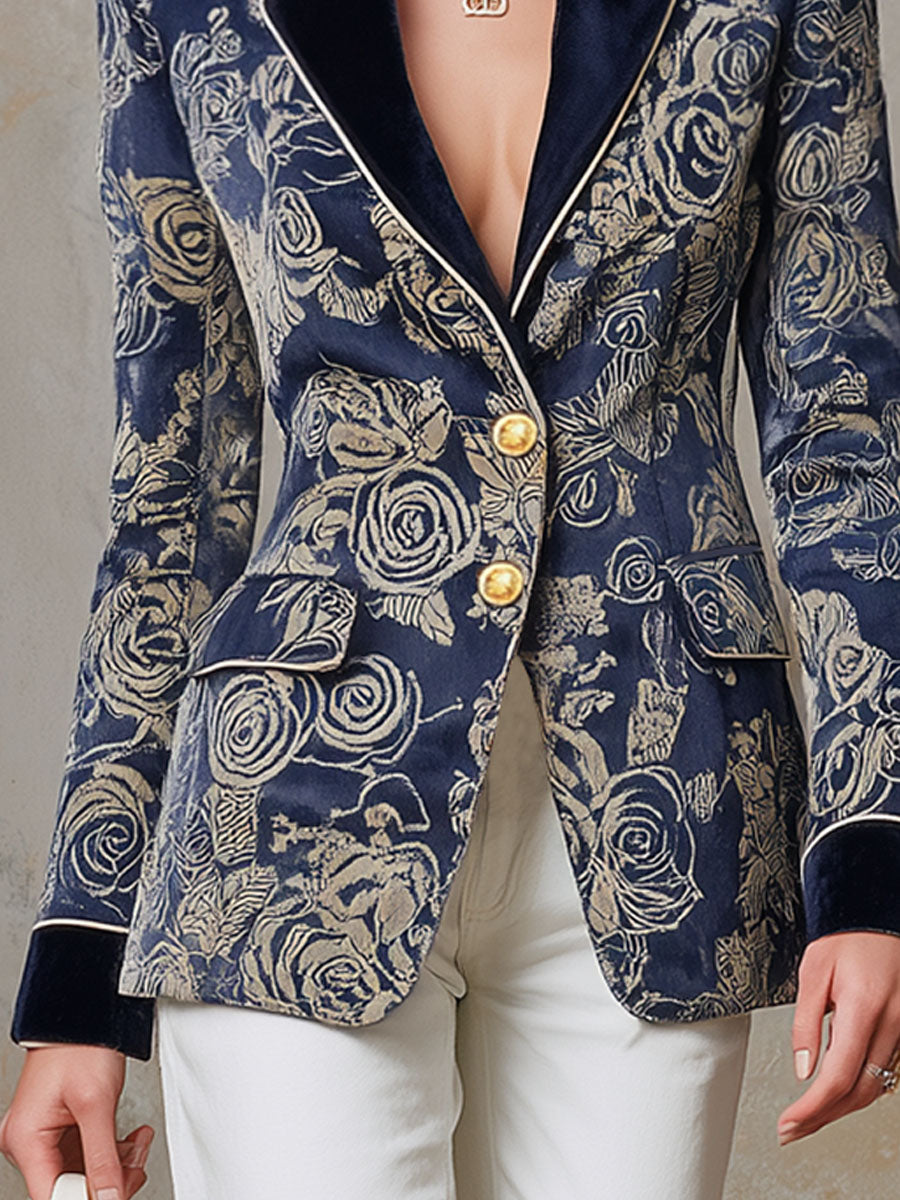 Veste en velours à motifs rétro de roses avec coutures contrastées
