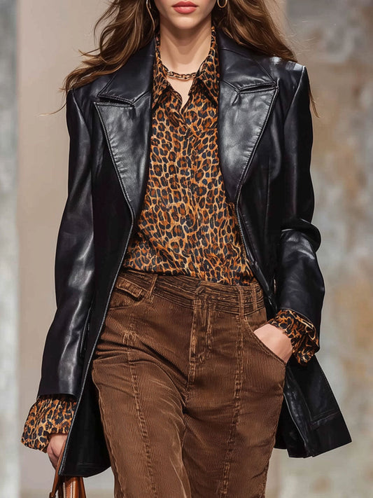 Blazer Noir en Similicuir au Style Rétro avec Revers Ample