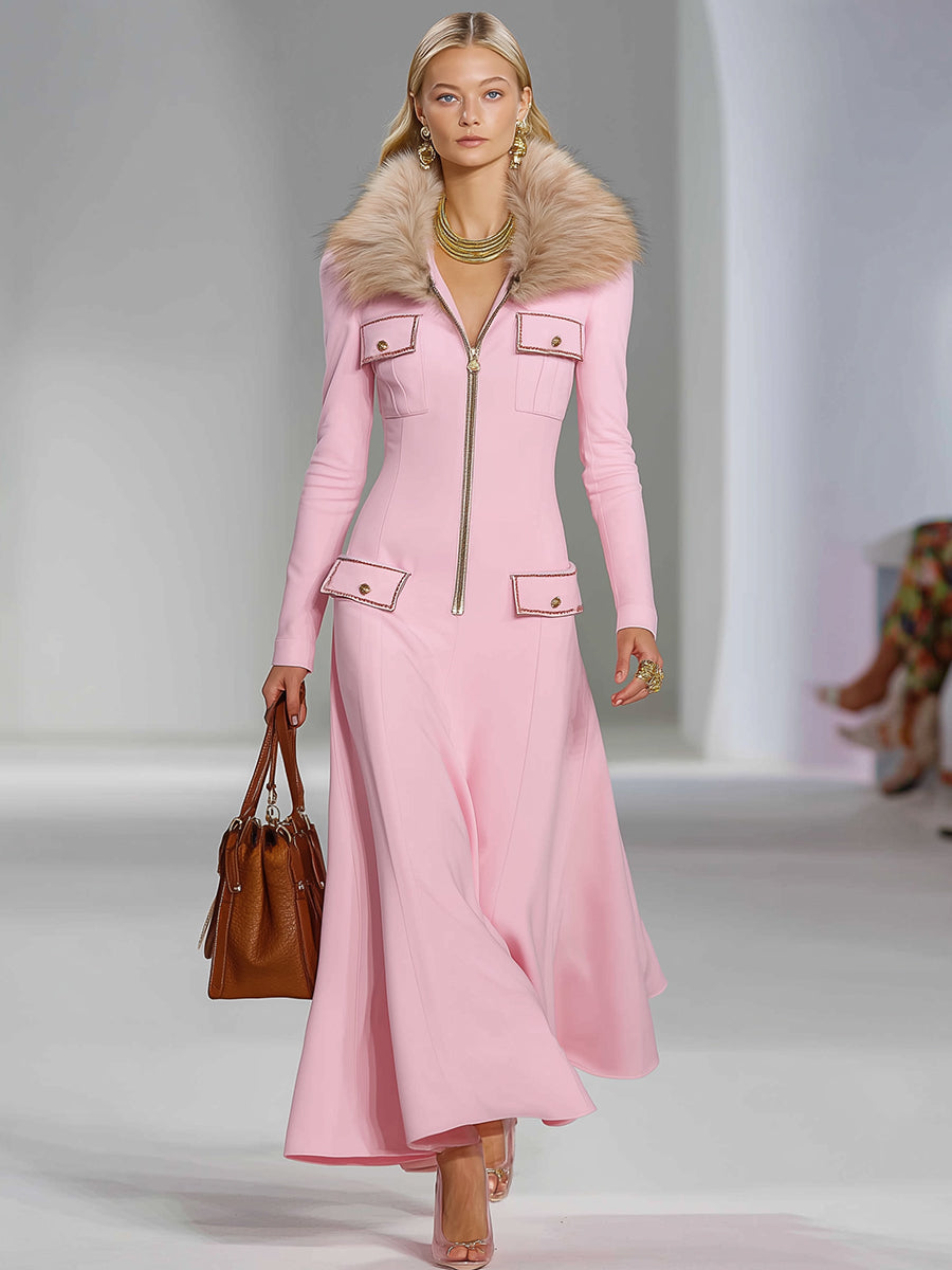 Robe Maxi Rose à Col en Fourrure Rétro Style Western