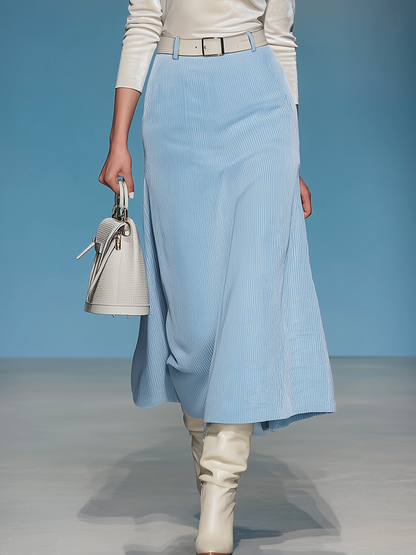 Ensemble Vintage en Velours : T-shirt à Col Rond et Jupe Côtelée