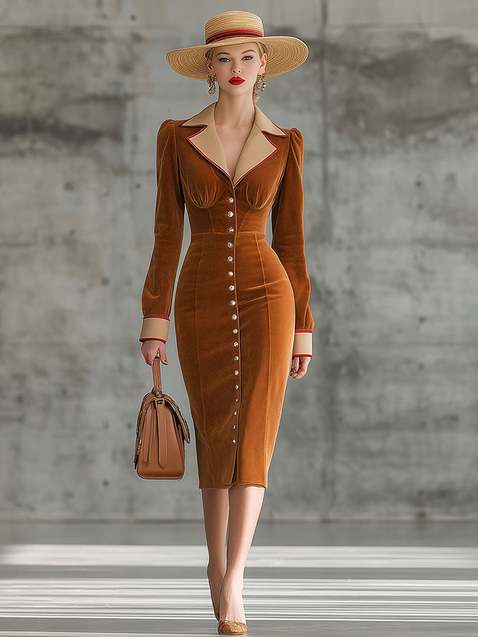 Robe Midi Vintage Élégante en Velours Caramel avec Détails en Similicuir