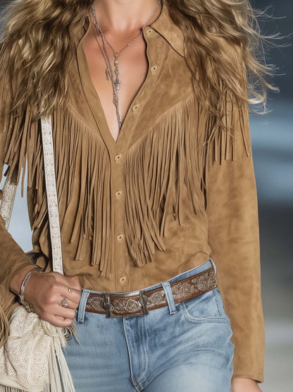 Chemise Vintage Décontractée en Suède Légère Marron Clair à Boutons Avant et Franges, Manches Longues