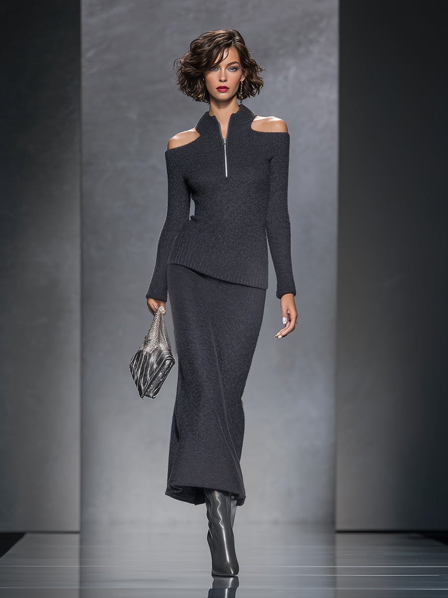 Ensemble Chic : Top et Jupe en Maille Grise avec Zip et Épaules Dégagées