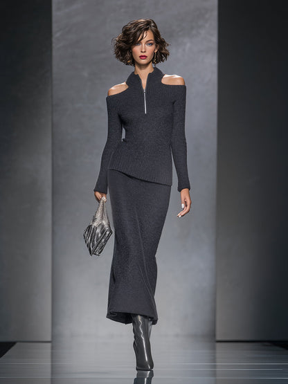 Ensemble Chic : Top et Jupe en Maille Grise avec Zip et Épaules Dégagées