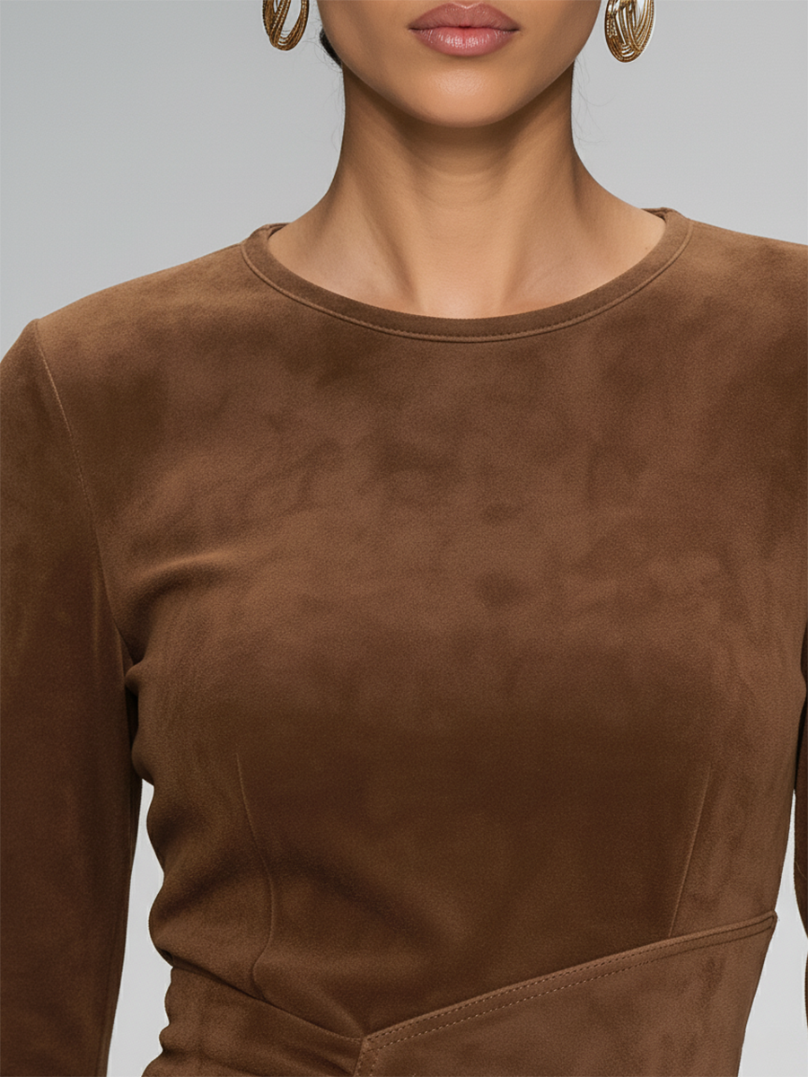 Robe Vintage à Col Ronde en Suède Synthétique avec Franges - Manches Longues