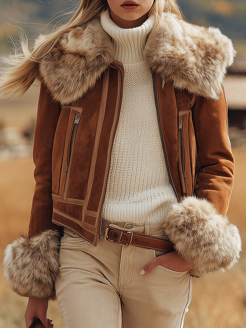 Veste en Suédine Marron au Style Vintage Western avec Finitions en Peluche