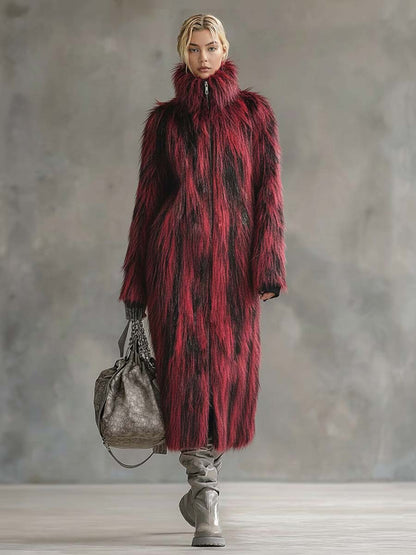 Veste Écologique en Fourrure Noir et Rouge avec Col Montant et Fermeture Éclair