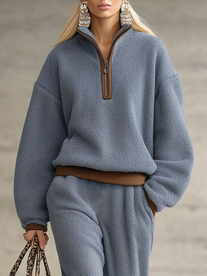 Ensemble Fleece Polaire Bleu avec Détails Marron Rétro : Sweatshirt et Pantalon Zippé