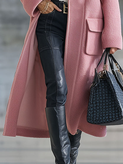 Veste Longue Zippée en Polaire Rose au Style Rétro Décontracté